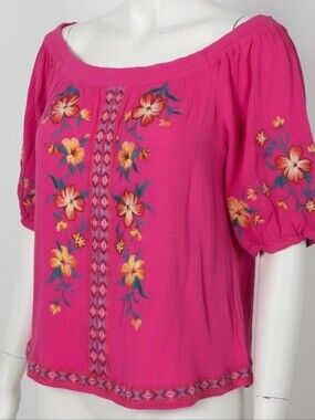 Women's Pink Embroidered Boho Top